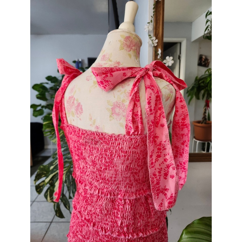 ChcMe Pink Floral Smocked Mini Dress Small Tie Shoulder Coquette Cottagecore 🌸 - Picture 7 of 12